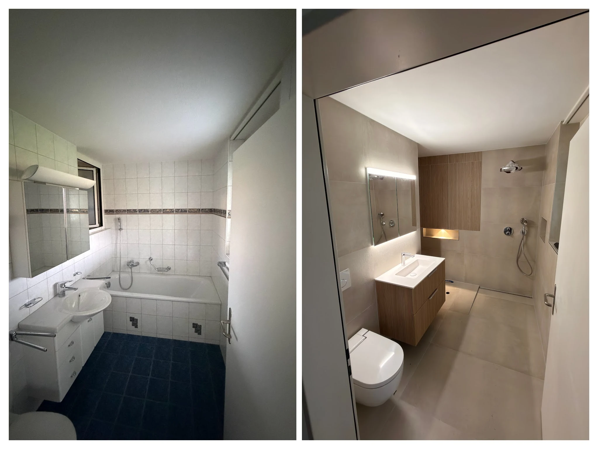 Badezimmer vor der Sanierung links mit Badewanne und danach rechts mit bodenebener Dusche und Holzwaschtisch