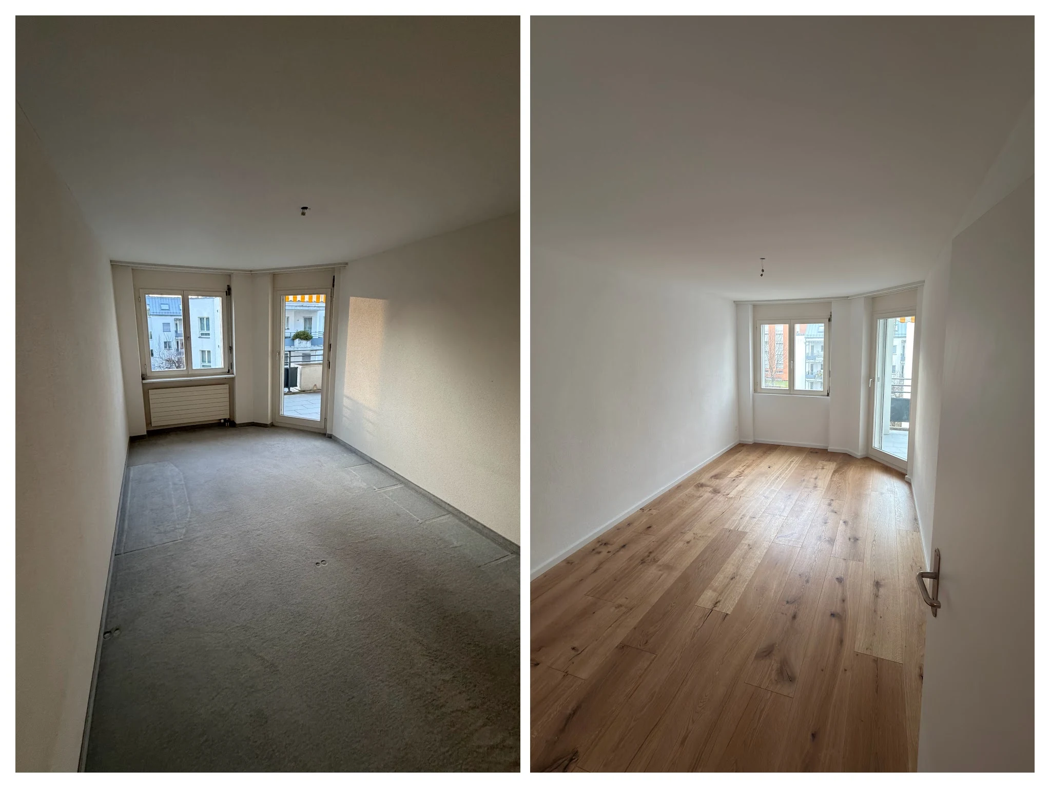 Eingangsbereich vor der Renovation links mit grauem Boden und danach rechts mit Holzboden und weissen Wänden