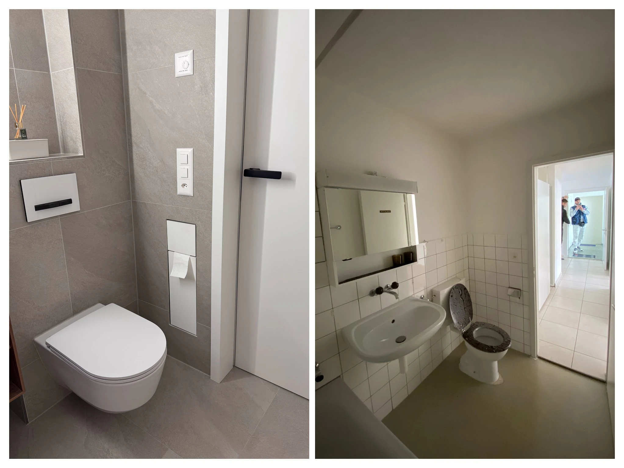 WC nach der Sanierung links mit grauen Fliesen und davor rechts mit grünem Boden und Stand-WC