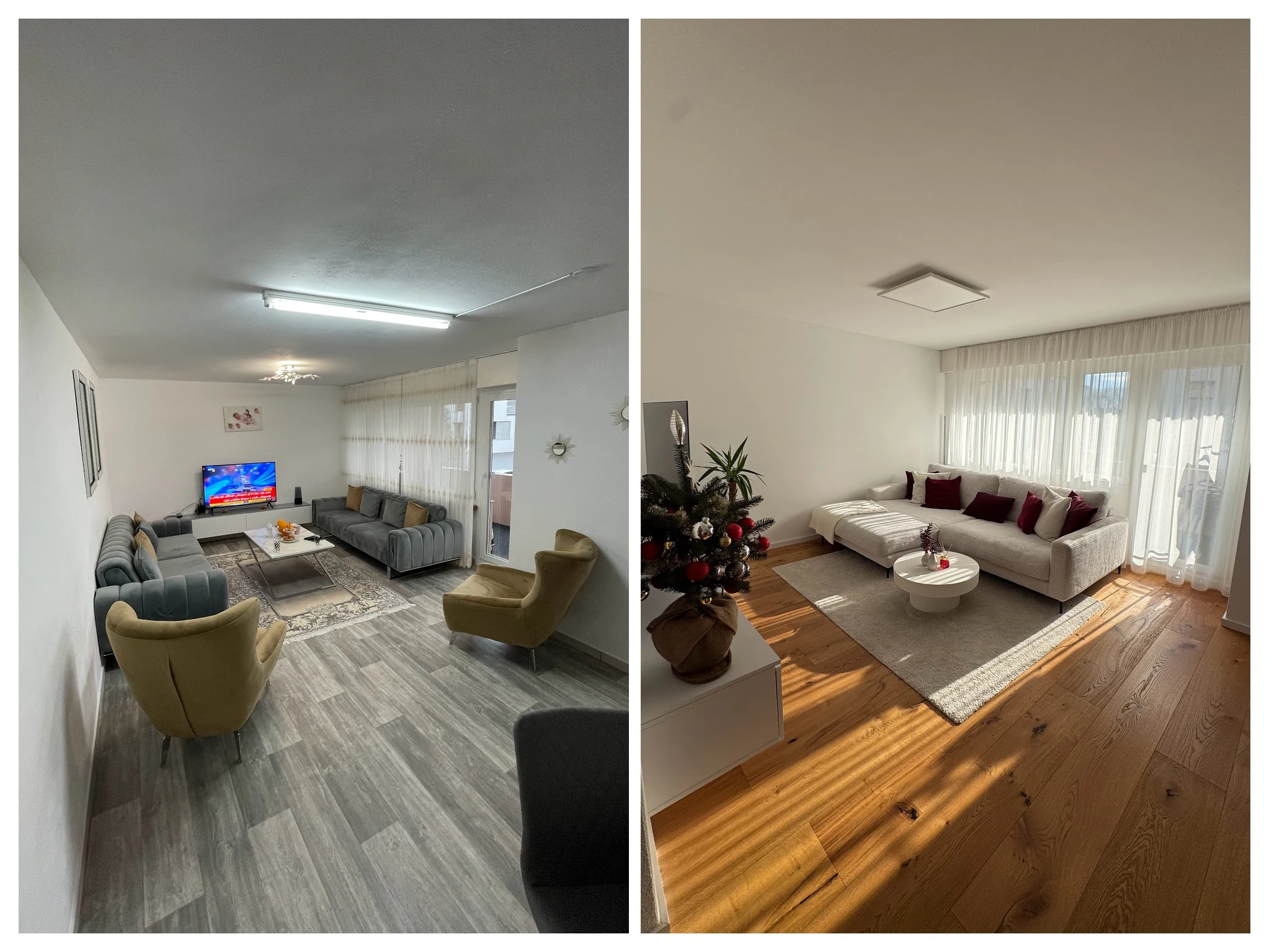 Wohnzimmer vor der Renovation links mit grauem Boden und danach rechts mit Holzboden und neuer Deckenleuchte